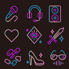 Neon outline icon set with microphone, headset, speaker, heart, magic charm, sword, chain, high heels, sunglasses, and sound wave. Ideal for music, fantasy, and concert designs.