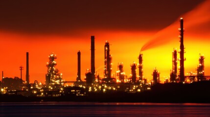 Fototapeta premium Industrial skyline at sunset with glowing lights and smoke, reflecting on water, showcasing energy production