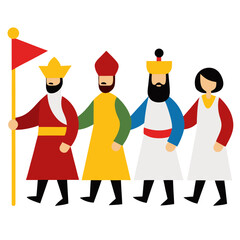 Diverse group of people in traditional clothing walking together