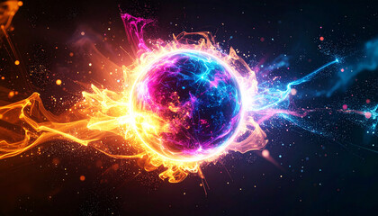 multicolored energy sphere exploding outward in cosmic space, with radiant light, glowing plasma, and swirling particles, symbolizing quantum energy, science, and futuristic technology
