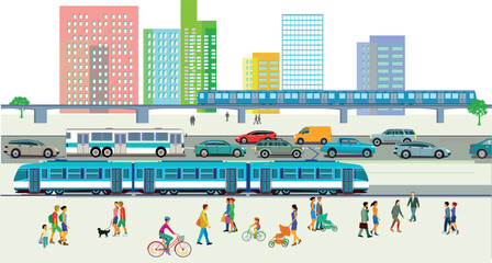 autos, stadtbus, strassenbahn, stadtsilhouette, bus, metro,straßenverkehr, menschen, straße, verkehr, verkehrswesen, transportmittel, städtische straße