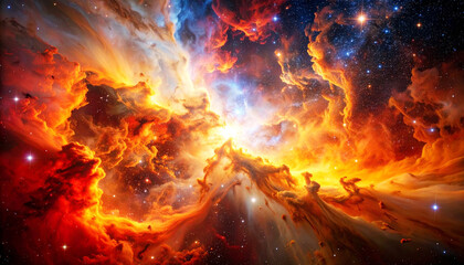 Fototapeta premium Golden and crimson nebula swirling in cosmic patterns, illuminated by a radiant central star, with glowing interstellar clouds and distant stars creating a breathtaking celestial scene