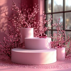 Elegant winter wonderland pedestals featuring soft pink hues, adorned with delicate floral arrangements and sparkling decorations, creating festive atmosphere suitable for seasonal celebrations