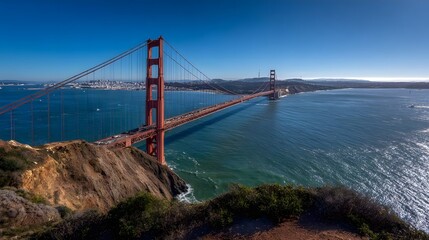 Golden Gate Bridge spans across blue waters under clear blue sky.