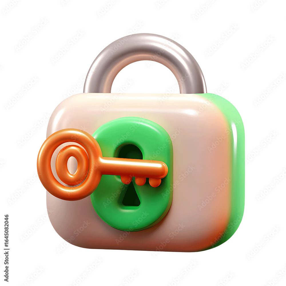 Poster 3d render of a colorful padlock with key illustrating security privacy and access control concepts
