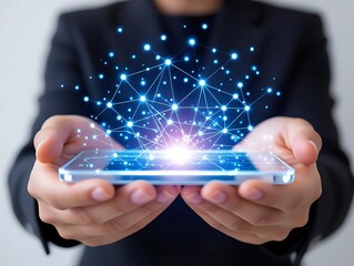 Person holding smartphone with glowing digital network connection above