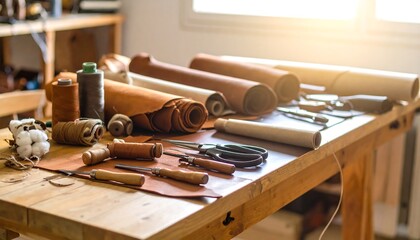 Craftsman's Workshop Table Filled with Leather, Tools, and Threads