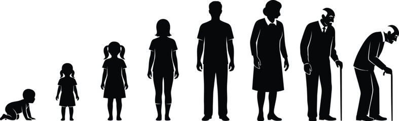 Human life stages from infancy to old age, showing different phases of development