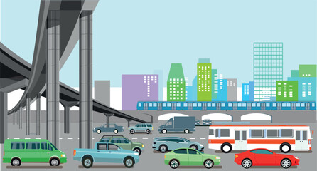 Stadtsilhouette mit autos, panorama, öffentliche verkehrsmittel, Stadtbahn, Metro,  Illustration