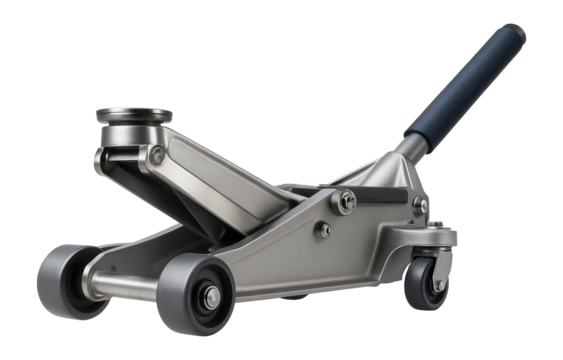 Hydraulic trolley jack with swivel casters for easy maneuverability in auto shops.