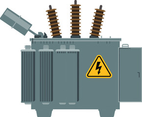 Electrical transformer with high voltage warning sign, power distribution equipment, industrial electrical component, energy transmission, electrical safety, utility infrastructure device