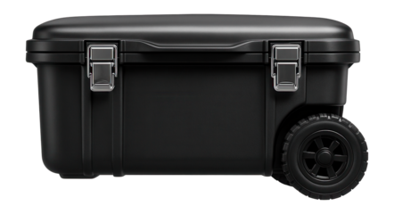 Weather-resistant tool cart with a sealed lid and sturdy latches for outdoor construction projects.