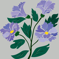 Purple peony-like flowers with yellow centers and ruffled petals, paired with deep green serrated leaves, set against a light background.