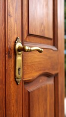 Close-up of a wooden door with a brass handle