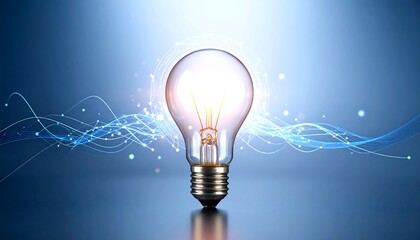 Glowing Lightbulb with Abstract Blue Energy Waves on Gradient Background