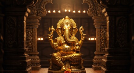Fototapeta premium Golden Ganesha Statue in Temple Setting