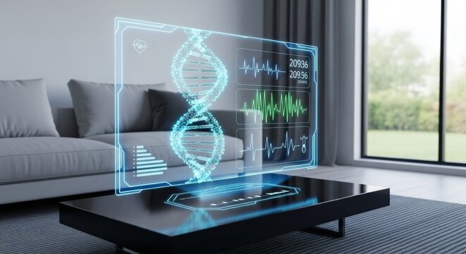 Modern Digital Health Clinic Interface with DNA and Vital Signs Display