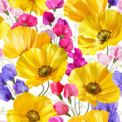 Pattern with yellow poppy, anemone, buttercup and sweet pea. Vector floral pattern with summer flowers and peonies. For paper, fabric, packaging and interior design.
