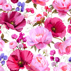 Pattern with peonies, poppy, anemone and sweet pea. Vector floral pattern with summer flowers and peonies. For paper, fabric, packaging and interior design.