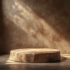 Minimalist podium design showcasing modern aesthetics and simplicity in a tranquil setting with warm lighting enhancing natural textures and colors for contemporary presentations