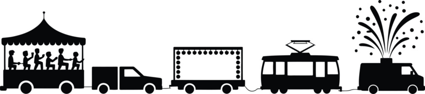 Festive celebration parade transport vehicles in silhouette style