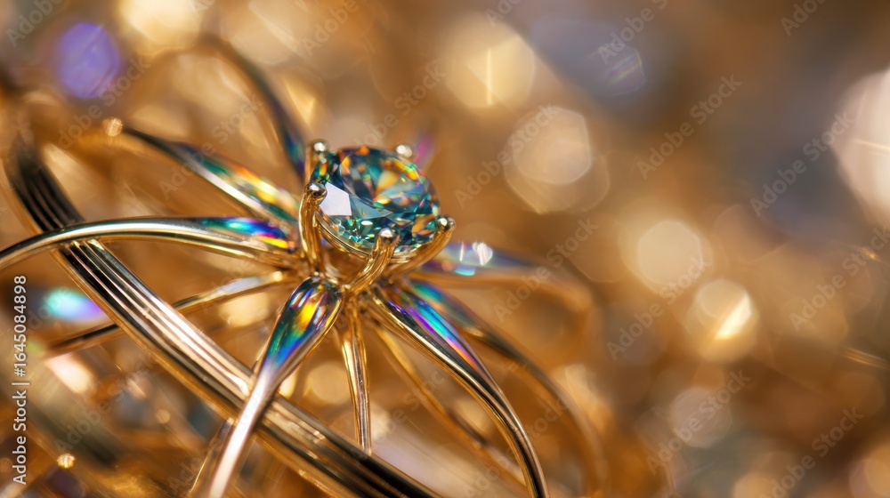 Poster close-up of a sparkling gemstone set in an intricate golden design, surrounded by a blurred golden b