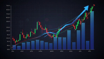 Stock market analysis A rising graph with arrows and candlestick charts, financial data visualization, economic progress.