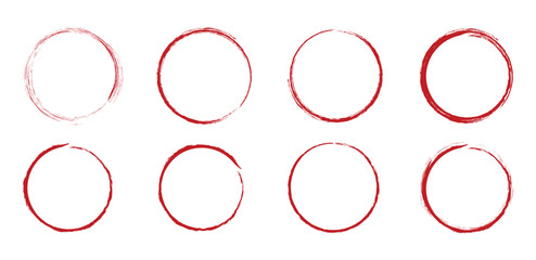 Grunge red circles brush set. Grunge round shapes. Texture stroke red circle background. Abstract stain grunge style. Vector illustration