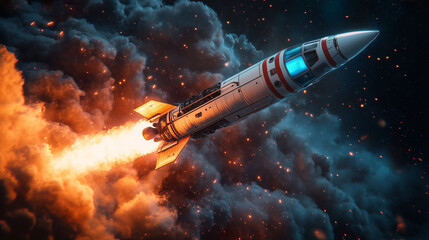 A retro-style rocket launching into a starry sky with fiery clouds, a concept of exploration and ambition, perfect for creative startup projects
