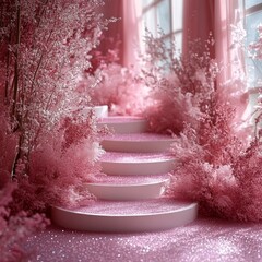 Dreamy pink pedestals create enchanting atmosphere for presentations and displays, set against a backdrop of soft, shimmering decor and delicate floral arrangements