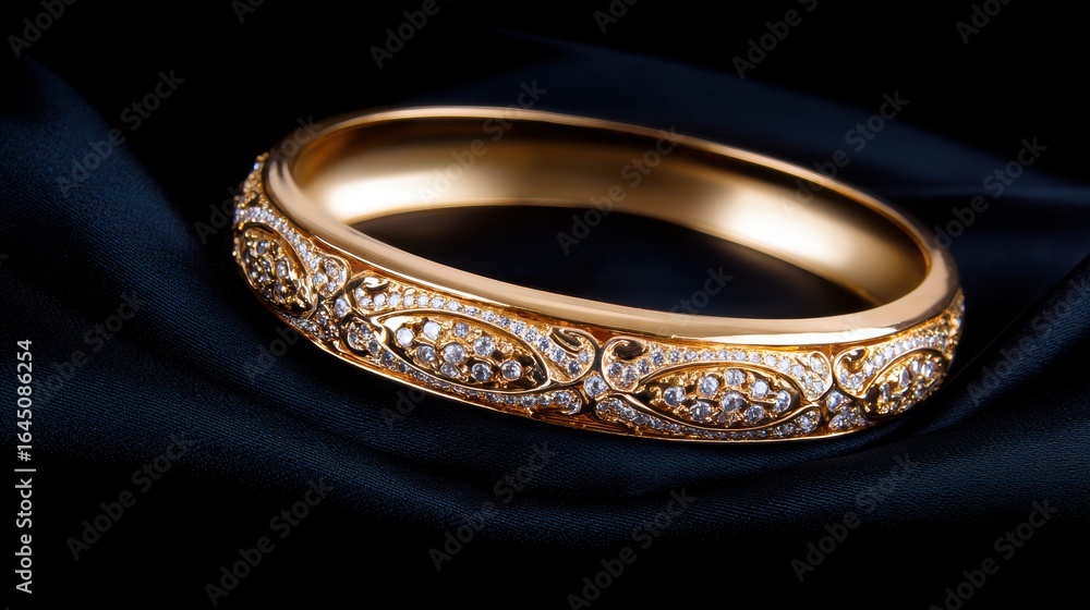 Poster elegant golden bangle adorned with intricate designs and sparkling gems resting on a dark satin fabr