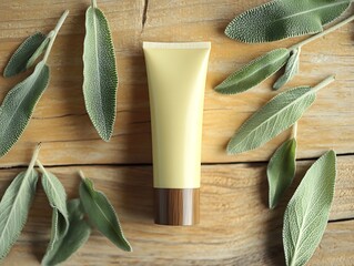 Natural balm tube mock with wooden background and sprigs of sage leaves