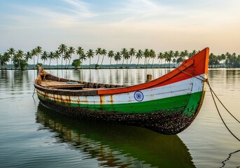 Vibrant Indian Flag Painted Boat Reflecting on Serene Backwaters with Palm Trees