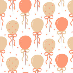 Balloon pattern with pink hearts and a bow. White and pink round balloons on a string. Gift or decoration for a birthday party. Flat color seamless texture. For any occasion. Packaging for products
