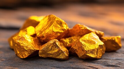 A close-up view of gleaming gold nuggets resting on a textured stone surface, showcasing their natural beauty