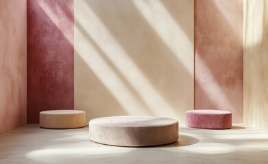 Pink pedestals positioned in modern interior space showcasing minimalist design and soft color palette, creating calm atmosphere ideal for artistic presentations or product displays