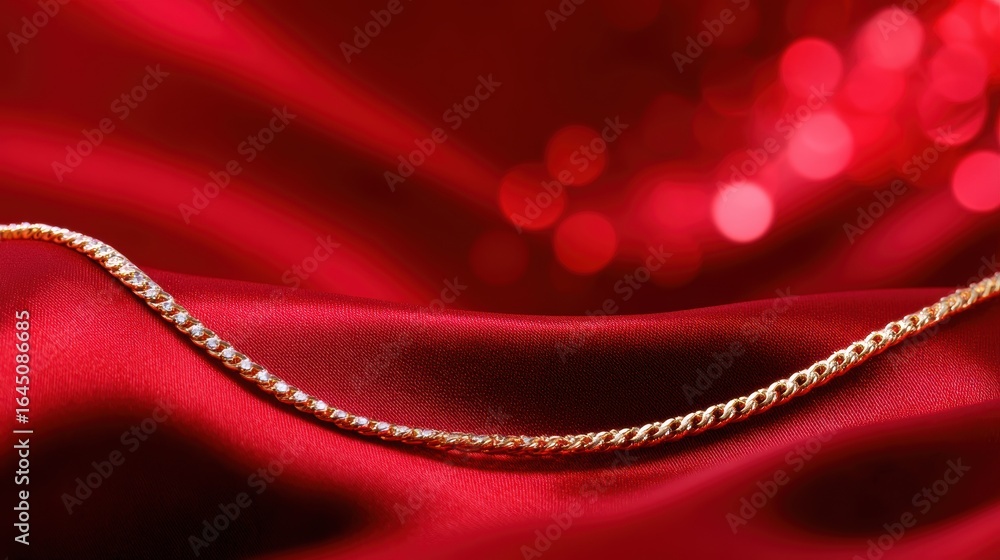Aufkleber elegant gold chain resting on luxurious red satin fabric with sparkling bokeh in the background