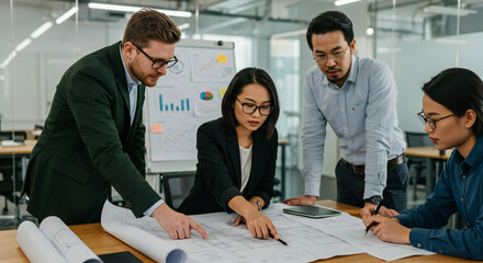 Business Team Reviewing Architectural Blueprints Together in Office.