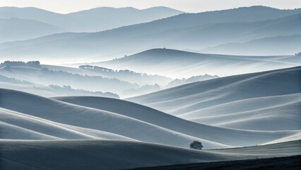 Ethereal Tuscan landscape bathed in morning mist rolling hills fade into the horizon in soft cool
