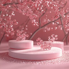 Elegant pink pedestals surrounded by sparkling cherry blossom elements create a dreamy setting suitable for product showcases or artistic displays with a soft, whimsical atmosphere