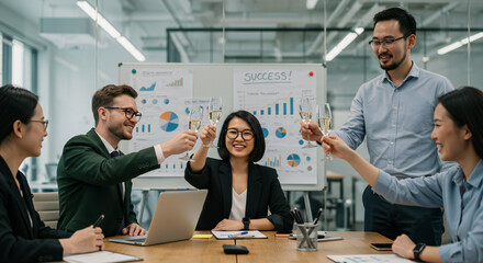 Cheerful corporate team celebrating a successful project with a champagne toast in a modern boardroom.
