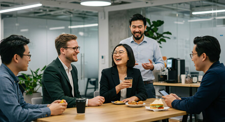 Diverse business professionals laughing during a casual office break.