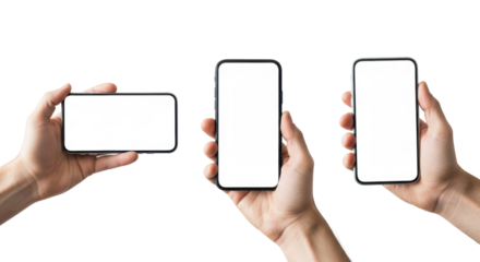 Three adult hands holding modern smartphones, one horizontal, two vertical, all screens blank white, against a transparent seamless background with bright soft studio lighting. Concept of modern