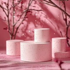 Showcasing elegant pink pedestals arranged harmoniously within a vibrant setting filled with soft hues and delicate textures, providing a perfect backdrop for displays or events