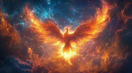 A majestic phoenix of fire rising from a cosmic nebula, a powerful fantasy concept of rebirth and strength, perfect for epic or motivational designs