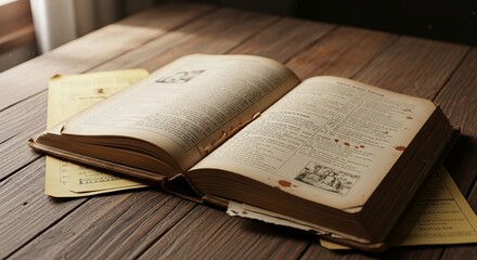 Open Recipe Book with Pages and Notes on Wooden Table Surface