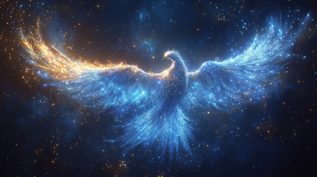 An ethereal blue phoenix made of cosmic light against a starry sky, a mystical concept of spiritual energy, perfect for fantasy and sci-fi themes