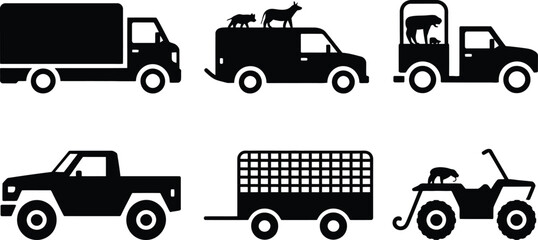Obraz premium Collection of sports utility and farm vehicle icons in a distinctive silhouette style