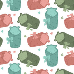 Pattern of multi-colored bear-eared discharge envelopes. Cute terry blanket with a bow. Colorful flat style. Gentle first warm clothes for baby's discharge. Seamless packaging of baby products