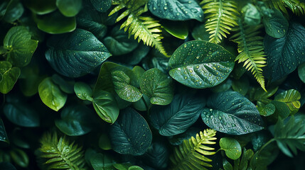 A close-up of dark green rainforest leaves with fresh water droplets, a concept of nature's vitality, perfect for lush, natural backgrounds